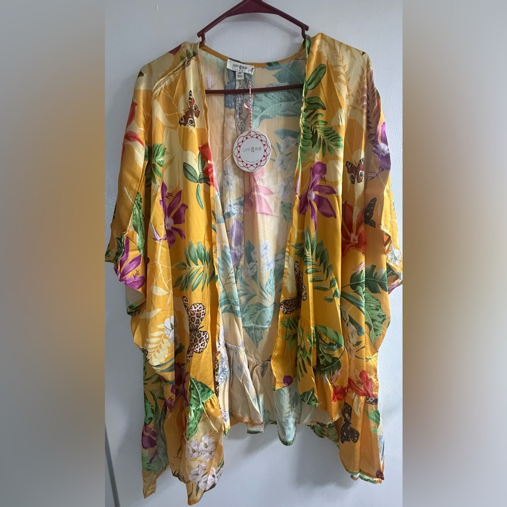 Unknown Brand Yellow Tropical Floral Swim Cover-Up Kimono
